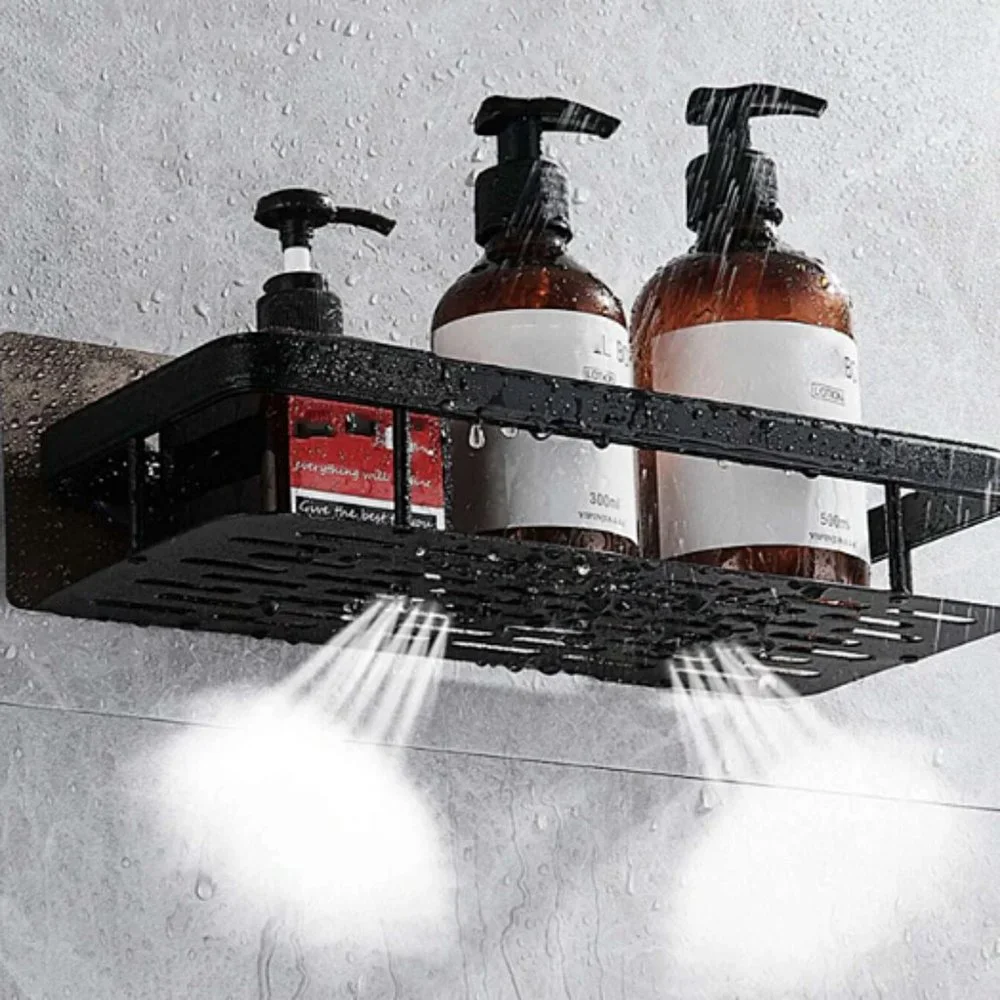 🆕 1pc Adhesive Black Shower Caddy, Bathroom Shelf, Toiletry Organizer Rack